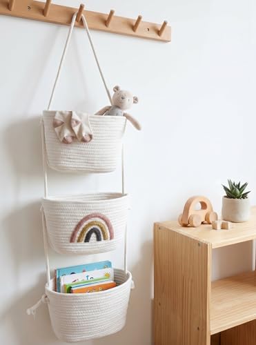 Over the Door Hanging Basket for Organizing 3 Tiers Woven Cotton Rope Wall Mount Storage basket Decorative Kitchen Hanging Organizer Bathroom include 1 door hook Rainbow White - Image 4