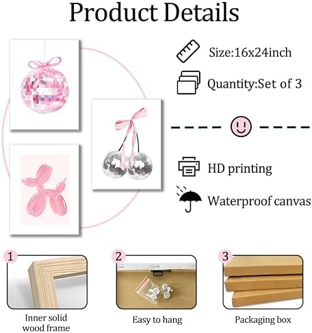 Framed Pink Disco Ball Wall Art Set of 3, Cute Cherry with Bows and Balloon Dog Posters Print, Trendy Pink Aesthetic Party Wall Decor for Teen Girls Bedroom Dorm Apartment 16x24 inch - Image 3