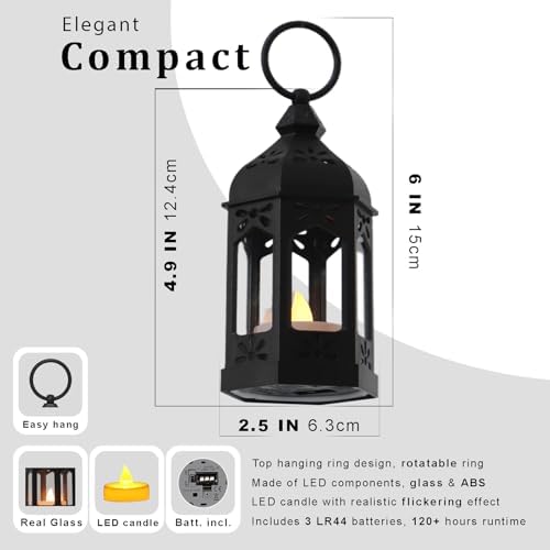 Mini Moroccan Lanterns with Flicker LED Candles Set of 12, Black Vintage Decorative Hanging Lanterns for Ramadan Decorations, Christmas, Halloween, Wedding Decor, Party, Table Centerpiece - Image 2