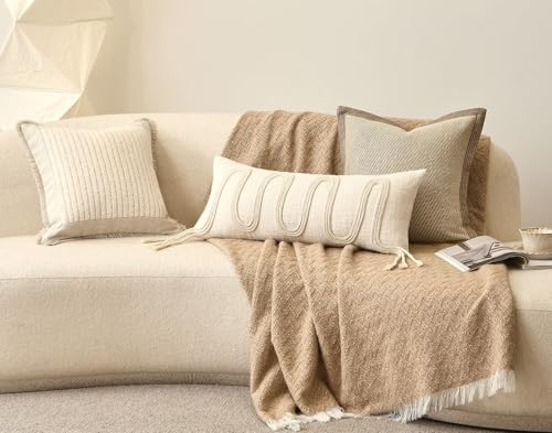 Beige Decorative Lumbar Pillow Cover 12x28, Handwoven Boho Long Body Pillowcase, Farmhouse Linen Cotton Pillow Cushion Case for Sofa, Bed, Living Room, Bedroom - Image 4