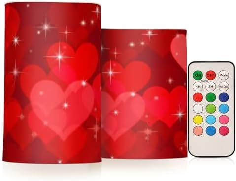ALAZA Valentines Day Glitter Red Hearts Flickering Flameless Candles Battery Operated with Remote Timer,Tea Light Candles LED Pillar Votive Candles Set of 2 for Outdoor Indoor Decorations by ALAZA