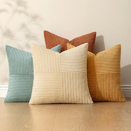 MIULEE Fall Boho Farmhouse Decorative Throw Pillow Covers 18x18 Inch 4 Packs Soft Vintage Pillow Cases Modern Corduroy Patchwork Cushion Covers for Couch Sofa Bed Home Decor, Teal-Rust - Image 5