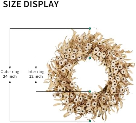 24 Inch White Floral Wreaths for Front Door - Spring Summer Decor with Artificial Eucalyptus, Boxwood & Grain Stems, All Season Farmhouse Wreath for Indoor Outdoor - Image 2