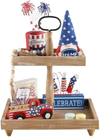 Tiered Tray Stand, Rustic Wooden 2 Tier Decorative Tray with Bead Garland, Farmhouse Square Wood Serving Tray Counter Centerpiece for Coffee Bar Home Decor Thanksgiving Housewarming Gifts (Brown) - Image 2