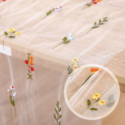 Boao 3 Pcs Wildflower Table Runner Embroidery Tulle Spring Summer Table Runner 120 Inch 10 ft Kitchen Dining Decoration for Wedding Baby Shower Bridal Shower Home Decor Birthday Party (Ivory) - Image 3