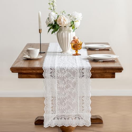 White Elegant Vintage Lace Table Runners,Wedding Lace Decor with Floral Embroidery,Tea Party Decor (White, 13.8X94.5 Inches) by OUZHUHUI