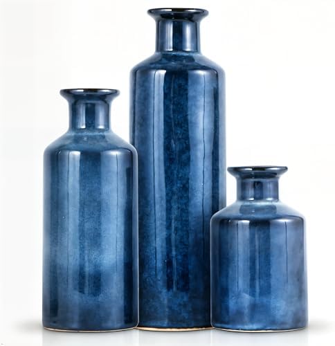 Mowtanco Blue Ceramic Vases Home Decor, 3 Small Modern Farmhouse Vases by Mowtanco