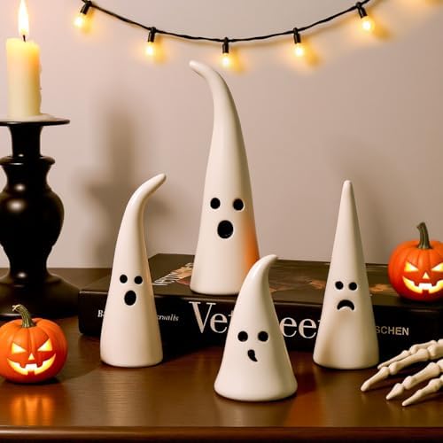 Halloween Decor Ceramic Ghost: 4 pcs Cute Halloween Decorations Indoor, Rustic Witch Hat Shape Ghost Figurine, Farmhouse Table Desk Tiered Tray Mantel Fireplace Decor for Kids Home Office by Pawliss