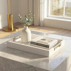 Decorative Serving Tray, Modern Rectangle Wood Tray with Polished Metal Handles, Glossy Finish, 16.5x12 Inch, for Coffee Table, Ottoman (White) - Image 5