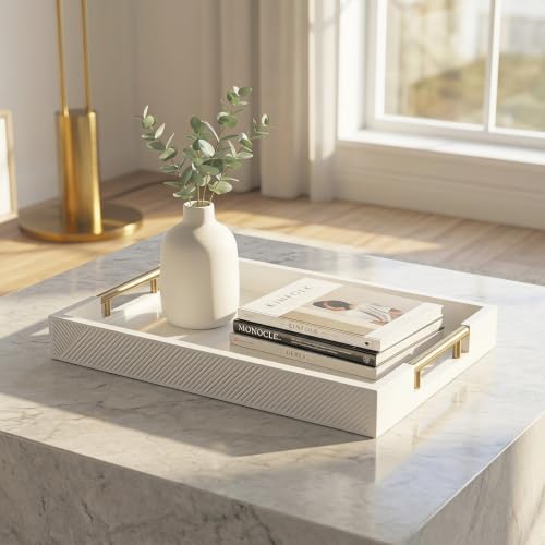 Decorative Serving Tray, Modern Rectangle Wood Tray with Polished Metal Handles, Glossy Finish, 16.5x12 Inch, for Coffee Table, Ottoman (White) - Image 5