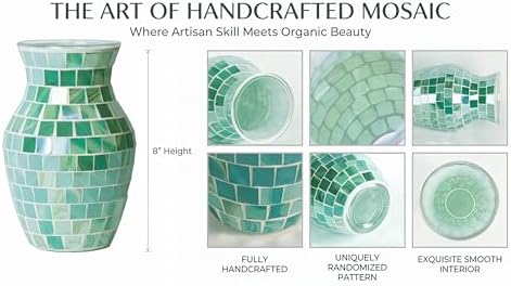 8" Green Agate Mosaic Vase, Handmade Textured Glass Flower Vase, Crisp Botanical Centerpiece for Living Room, Kitchen, Modern Home Decor & Housewarming Gift - Image 5
