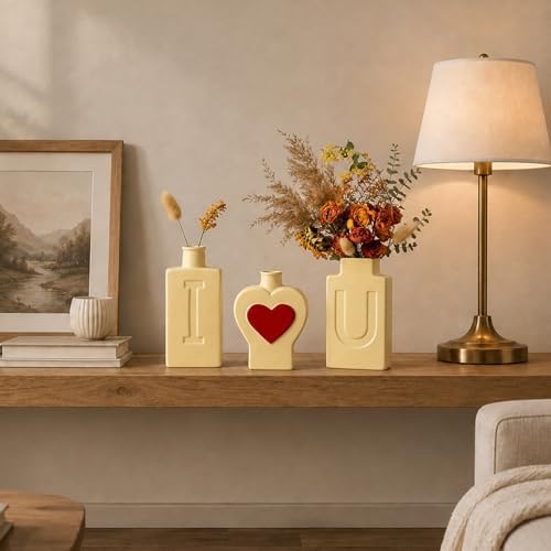 TBWIND 3 Pack Yellow Heart Ceramic Vases, I Love U Decor Vases - Image 6