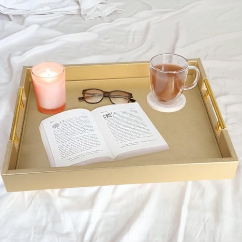 HofferRuffer Faux Leather Serving Tray with Gold Metal Handles, Stylish Decorative Tray Organizer for Coffee Table, Ottoman, Home Decor and Serving (Gold, 16.2" x 12.2" x 2") - Image 6