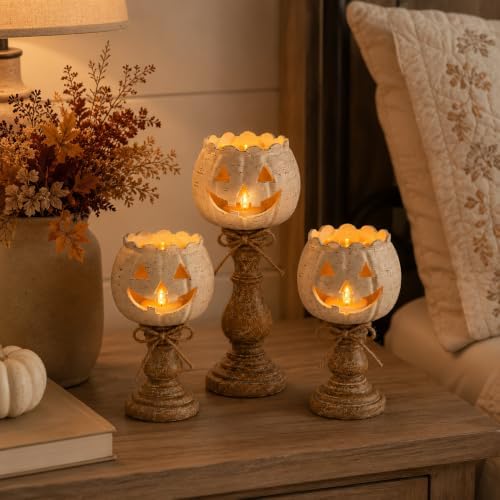 Rustic White Pumpkin Tealight Candle Holder Set, Farmhouse Halloween Pumpkin Tea Light Candle Holders Decor, Fall Tables Centerpieces for Thanksgiving & Halloween Party - Image 7