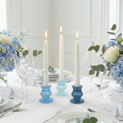 Blue Candlestick Holders 12 Pcs, Ribbed Taper Candle Holders for Table Centerpieces, Vintage Glass Candle Holders Bulk for Wedding, Birthday, Baby Shower Decoration - Image 3