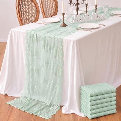 Remagr 6 Pcs Sage Green Lace Table Runners 30" x 120" Floral Wedding Decor by Remagr