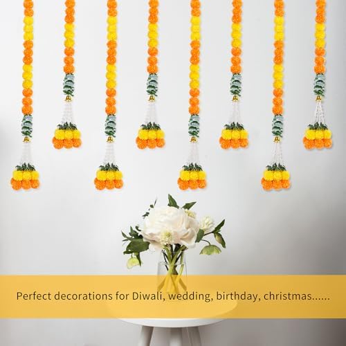 8PCS Diwali Artificial Marigold Garland for Home Decor, Marigold Long Strands with Bells and Leaves for India Wedding, Pooja Decor, Marigold Flowers Strings for All Year Decoration - Image 4