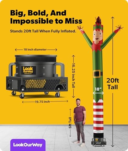 LookOurWay Air Dancers Inflatable Tube Man Attachment | 20ft Tall Set | Wacky Waving Christmas Inflatables Tube Guy | Blower Included | Outdoor Holiday decoration | Christmas Theme - Elf - Image 3