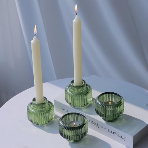 Woho Green Ribbed Taper Candle Holders Set of 8 for Christmas Party Decor - Image 3