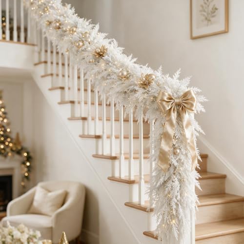 9FT White Christmas Cedar Garland, Realistic Artificial Garland, Winter Snowy Xmas Decorations Indoor Outdoor, Faux Holiday Garland for Mantle, Fireplace, Table, Door, Wedding Party Decor - Image 7