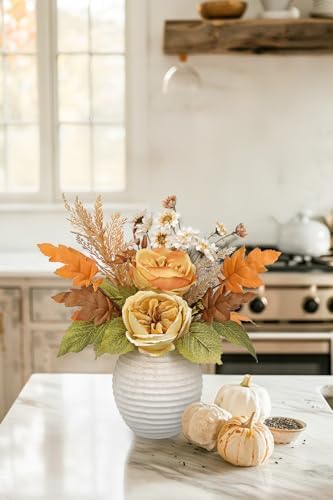 Artificial Fall Floral Centerpiece with Vase, Fake Flowers for Autumn Table Decorations, Silk Rose & Maple Leaves Arrangement, Rustic Cement Vase Harvest Decor for Dining Table, Kitchen, Living Room - Image 5