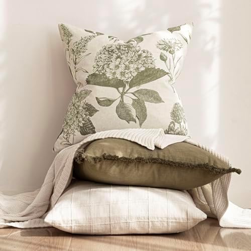 Foindtower Set of 2 Linen Floral Throw Pillow Covers Neutral Vintage Print Decorative Cushion Covers Farmhouse Boho Home Decor for Sofa Chair Couch Bedroom Living Room,24×24 Inch,Sage Green - Image 5