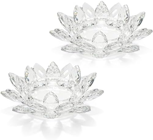 Large Crystal Lotus Tealight Candle Holder for Up to 6" Diameter Pillar Candle Plate Candlestick,Chunky Glass Votive Stand for Wedding, Party, Table Centerpiece Decor and Yoga Meditation (2, Clear) by KOLNLALA