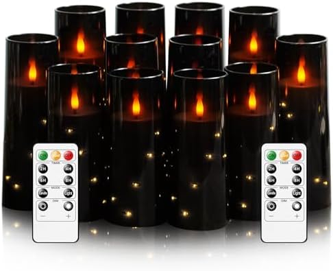 Sasigeiaa Flameless Candles with Embedded Star String - Battery Operated LED Candles, with Remote,12 Black Flickering Candles for Christmas, Weddings, Home Decor & Party,(D 2.3"×H 5" 6" 7") by sasigeiaa