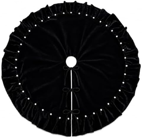 Black Velvet Christmas Tree Skirt with Ruffled Edge&Pearl,60" - Image 5