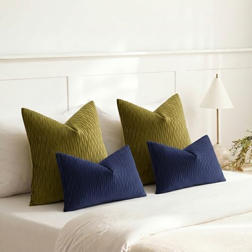 DEZENE 24x24 Moss Green Throw Pillow Cases: Pack of 2 Vertical Ripple Striped Velvet Square Decorative Pillow Covers for Farmhouse Couch Sofa Bed Living Room Home Decor - Image 5