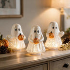 Set of 3 Illuminated Mercury Glass Ghosts, LED Halloween Ghost Decorations with Pumpkins, Cute Ghost Figurines Warm Light Tabletop Ornaments for Mantel Shelf, Fall Party Home Decor - Image 3