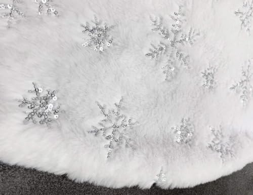CHICHIC 36 Inch Large Christmas Tree Skirt White Tree Skirt Xmas Faux Fur Tree Skirts Christmas Decorations for Holiday Tree Ornaments Christmas Party Home Decorations with Sequin Silver Snowflakes - Image 3