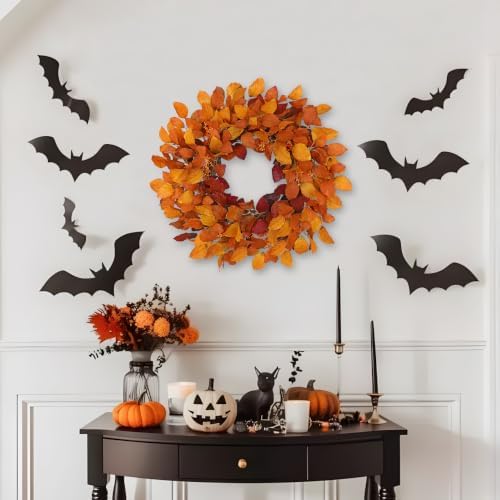 Artificial Fall Leaf Wreath for Front Door – 24" Autumn Wreath with Lifelike Fagus Sylvatica Foliages – Orange Yellow – Rustic Thanksgiving & Halloween Decoration for Indoor & Outdoor - Image 5