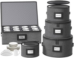 Aokeyee 5-Piece China Storage Containers Set, Hard Shell Moving Boxes for Dishes, Plates & Mugs – Dinnerware Organizer with Soft Felt Dividers, Sturdy Handles & Zippers, Grey by Aokeyee