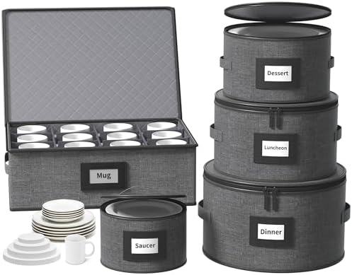 Aokeyee 5-Piece China Storage Containers Set, Hard Shell Moving Boxes for Dishes, Plates & Mugs – Dinnerware Organizer with Soft Felt Dividers, Sturdy Handles & Zippers, Grey by Aokeyee