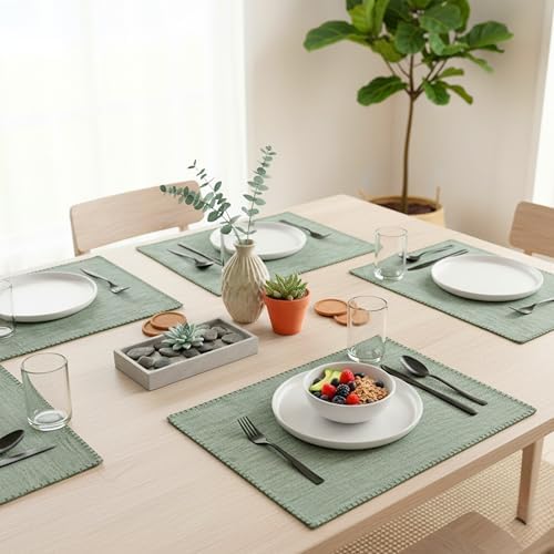 Dining Table Placemats with Decorative Stitched Edge Textured Cotton Kitchen Cloth Table Mats Machine Washable Woven Fabric Dinner Mats Washable Table Plate Mats Green 14”x20” Set of 4 - Image 4