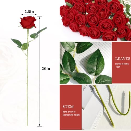 Rowfad 60 Pcs Artificial Roses Bulk, Fake Velvet Silk Flowers, Red - Image 2
