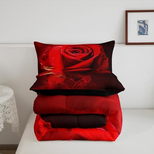 Erosebridal Red Rose Floral Bedding Set Full Size,Romantic Flowers Down Comforter for Girls Valentine's Day Gift,3D Digital Printed Duvet Set 3Pcs Soft Bedding Comforter Sets with 2 Pillow Shams - Image 6