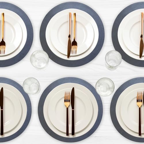 Placemats Set of 6 – Round 15” Faux Leather Table Mats for Dining, Heat Resistant & Non-Slip Washable Table Decor, Indoor, Outdoor, Dining Table Set for 6, Modern Kitchen & Holiday Use, Navy - Image 2