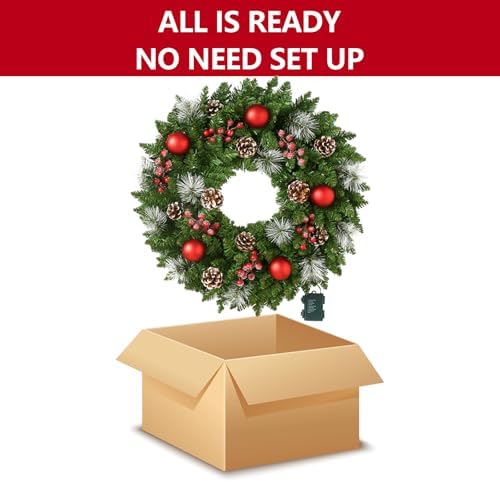 24 Inch Pre-Lit Artificial Christmas Wreath for Front Door, Christmas Door Decorations Wreath with LED Warm Lights, Balls, Pine Needles, and Red Berries Wall Windows Ornament - Image 5