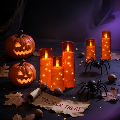 Raycare 9 Pcs Orange Halloween Flameless Pillar Candles with Remote Timer - Image 2