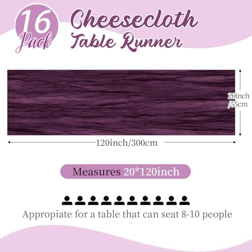 16 Pack Dark Purple Cheesecloth Table Runners 20x120 Inch Gauze Table Runner 10FT Easter Cheese Cloth Table Runner Rustic Sheer Runner for Wedding Baby Shower Birthday Party Table Decor - Image 2