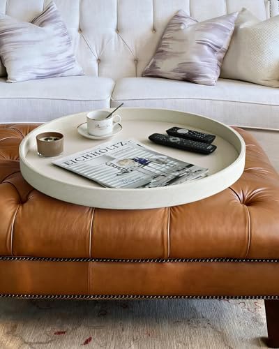 HofferRuffer Large Round Serving Tray 24'', Elegant Faux Leather Circle Ottoman Table Tray, Serve Tea Coffee Breakfast in Bedroom Living Room Kitchen (White, 24'') - Image 4