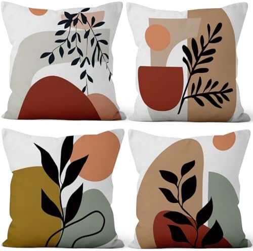 Abstract Boho Throw Pillow Covers 24"x24" Set of 4, Bohemian Minimalist Art Aesthetic Plant Leaves Sunset Geometry Pillowcase for Sofa Chair Couch Bed Living Room Office Garden Patio by VieSavaran