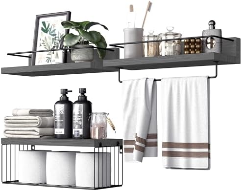 PopiShelves Bathroom Shelves Over Toilet for Wall, Floating Shelves with Storage Basket Paper Holer for Kitchen Living Room, Bedroom & Classroom, Set of 3 (Grey) by Unknown