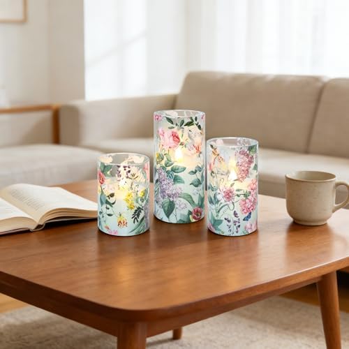 Floral Flameless Candles with Remote Timer, Pink Rose and Lilac Pattern LED Glass Candles, Battery Operated for Home Party Wedding Christmas Spring Valentine's Day Decor, Set of 3 - Image 3