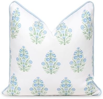 Hofdeco Premium Coastal Patio Indoor Outdoor Throw Pillow Cover Only, 18"x18" Water Repellent for Backyard, Couch, Baby Blue Green Floral with Piping by HofdecoPremium