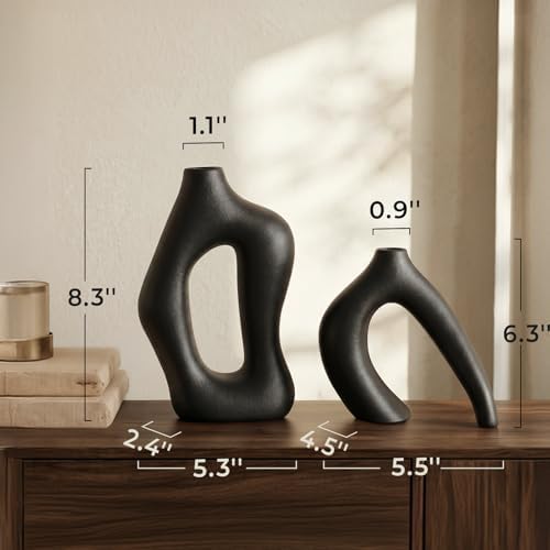 Dowan Black Vases for Decor,Hollow Ceramic Vase Set of 2,8.3" Nordic Modern Boho ins Style Decorative Ceramic Aesthetic Flower Vase for Home Decor Modern Minimalist Table, Entryway Centerpieces - Image 2