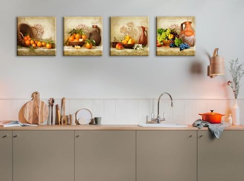 Kitchen Wall Decor 4-Piece Vintage Fruit Still Life Canvas Art 12x12 Inch - Image 5