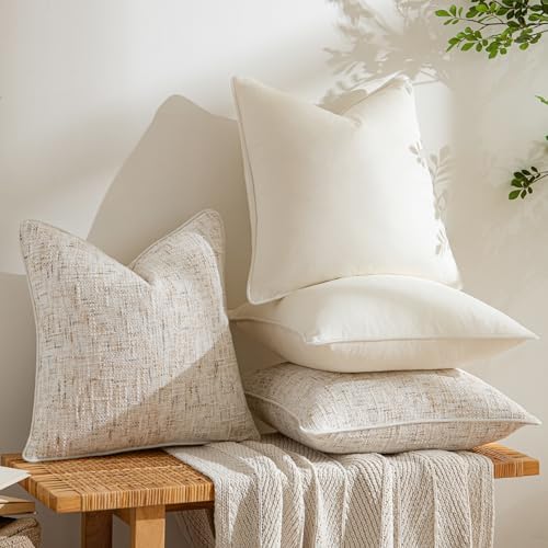 a moment Beige 4 Pack Throw Pillow Covers - Chenille & Velvet Set with Piping, Farmhouse Textured Design Pillow Cases for Couch Sofa Bed Livingroom (22x22 Inch, No Insert) - Image 3